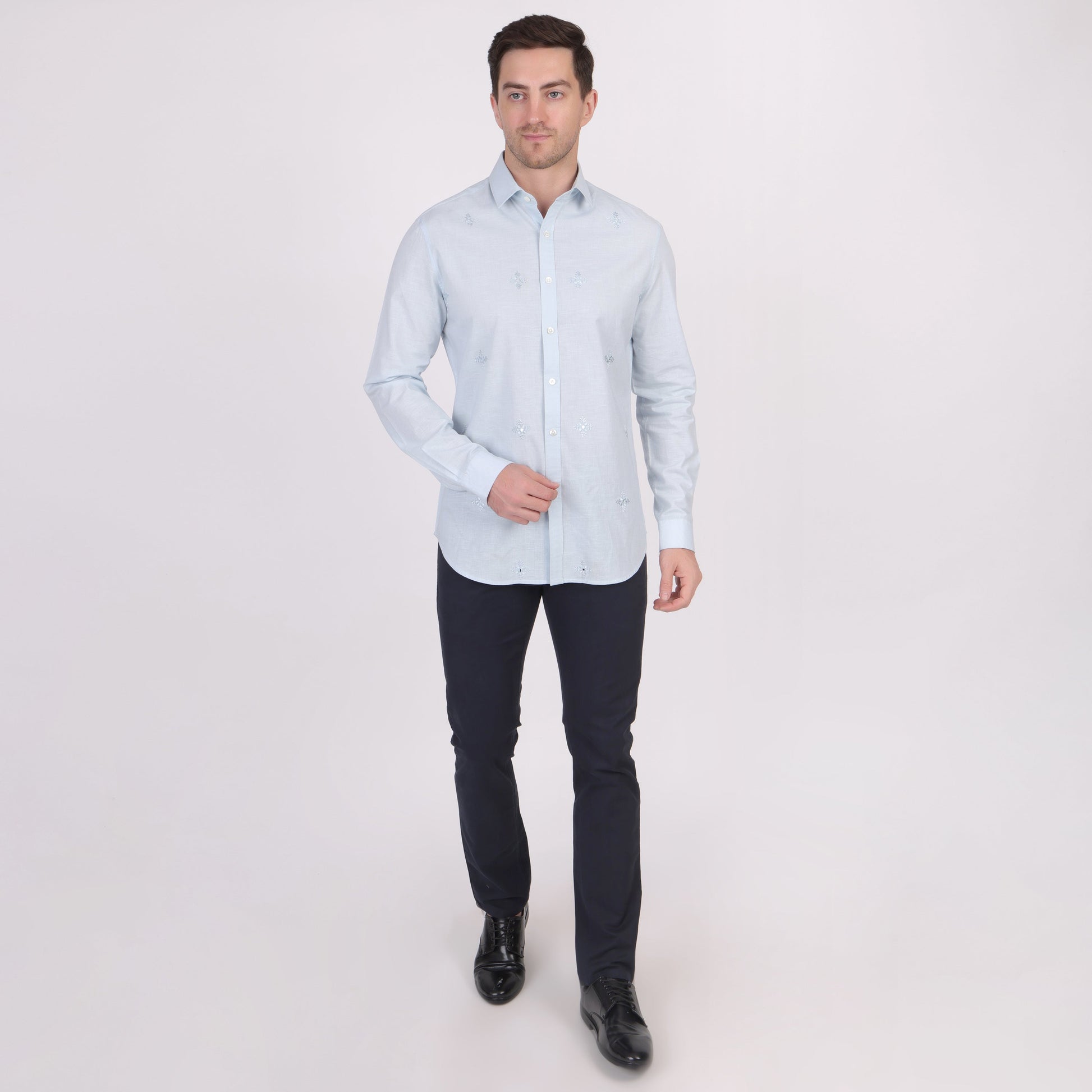 Pier Seven Ethnic Cotton Self Design Slim Fit Shirt for Men - Light Blue (PWY079) Pier Seven