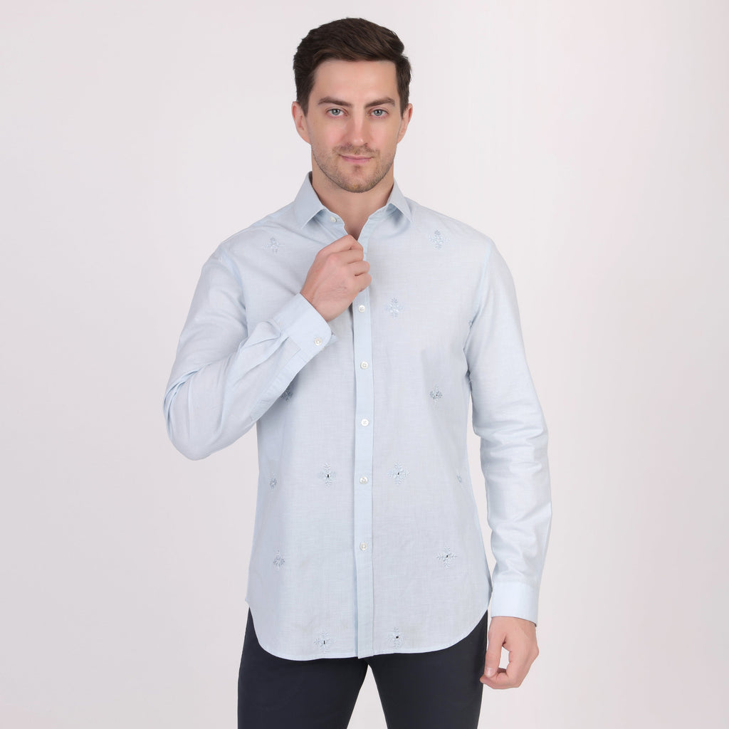 Pier Seven Ethnic Cotton Self Design Slim Fit Shirt for Men - Light Blue (PWY079) Pier Seven