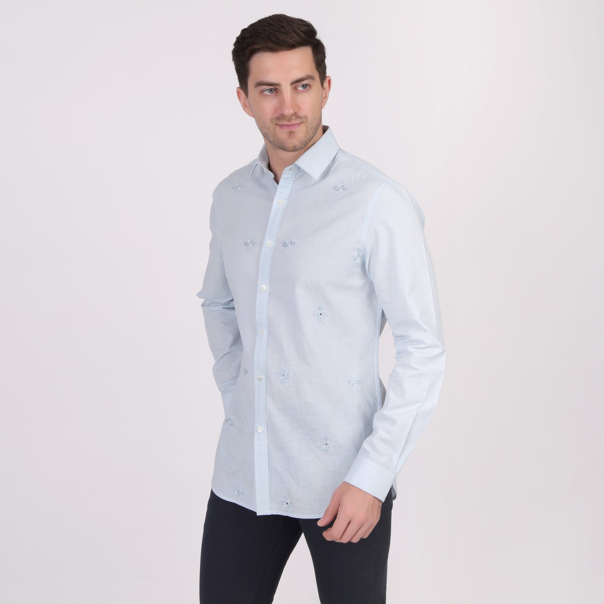 Pier Seven Ethnic Cotton Self Design Slim Fit Shirt for Men - Light Blue (PWY079) Pier Seven