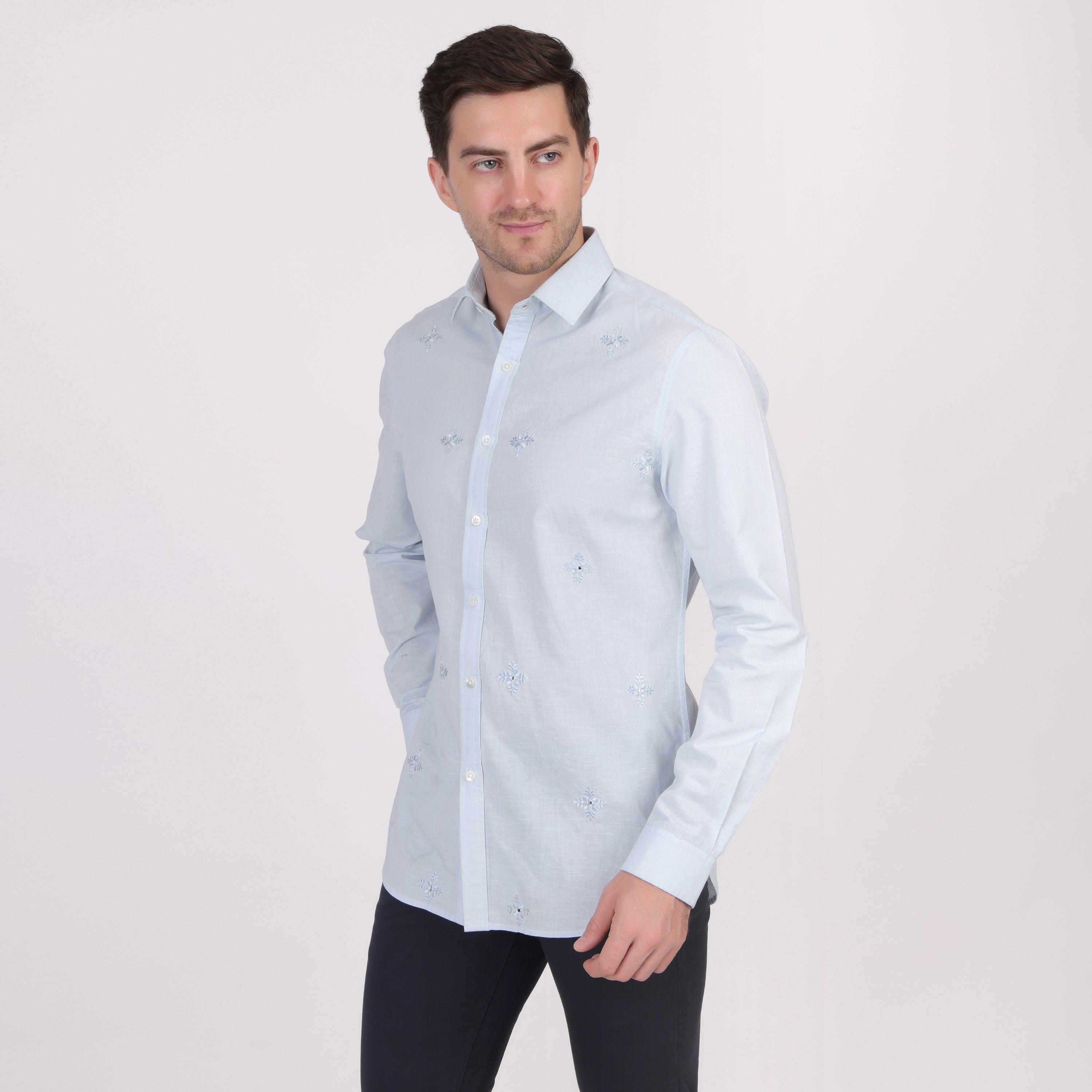 Pier Seven Ethnic Cotton Self Design Slim Fit Shirt for Men - Light Blue (PWY079) Pier Seven
