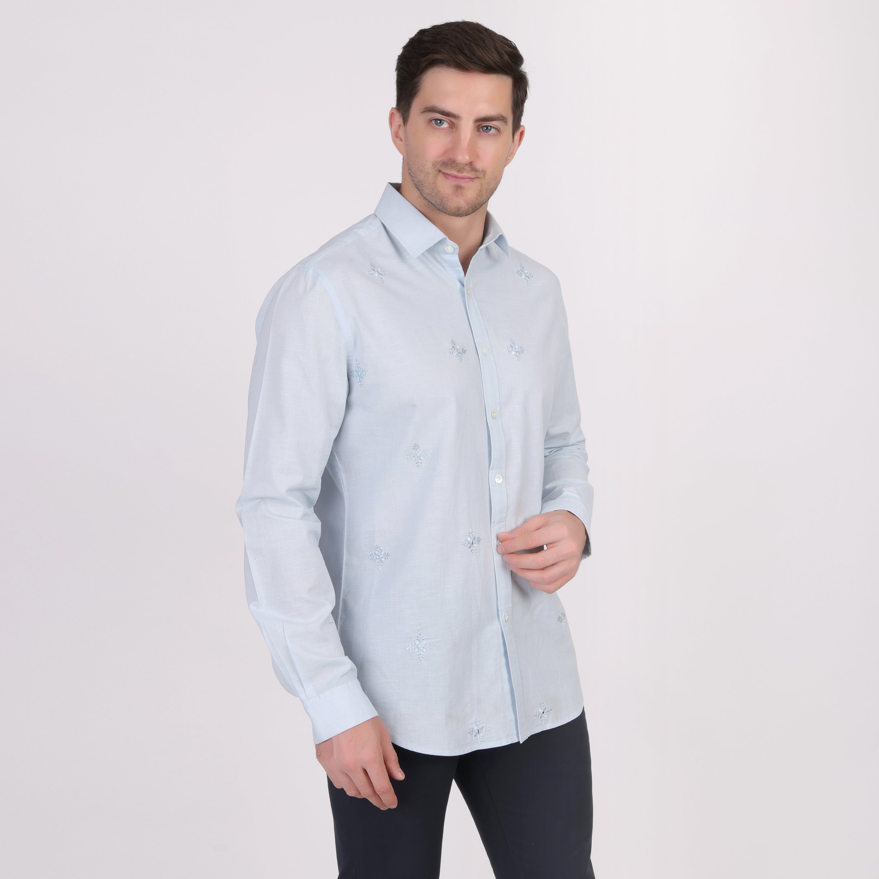 Pier Seven Ethnic Cotton Self Design Slim Fit Shirt for Men - Light Blue (PWY079) Pier Seven