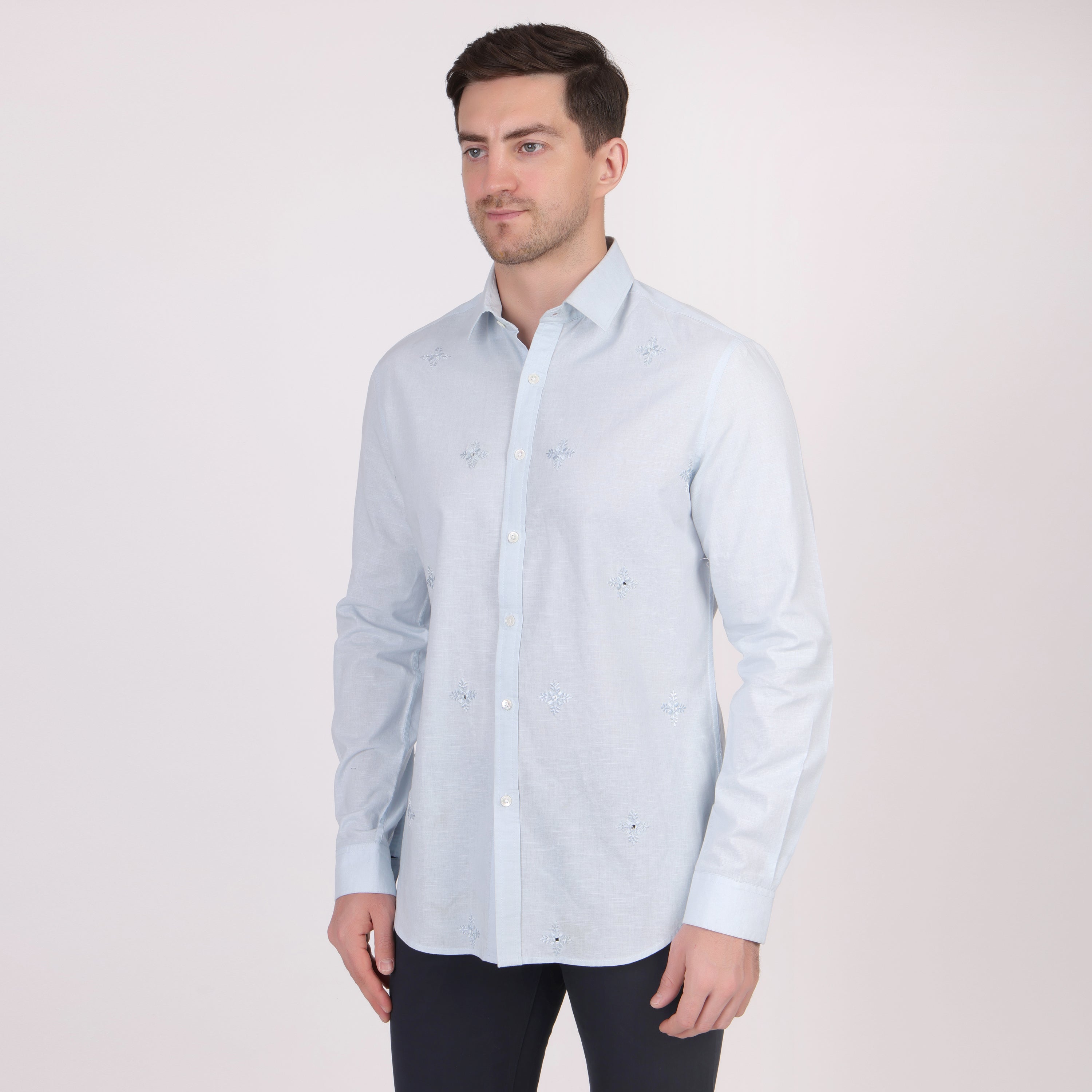 Pier Seven Ethnic Cotton Self Design Slim Fit Shirt for Men - Light Blue (PWY079) Pier Seven