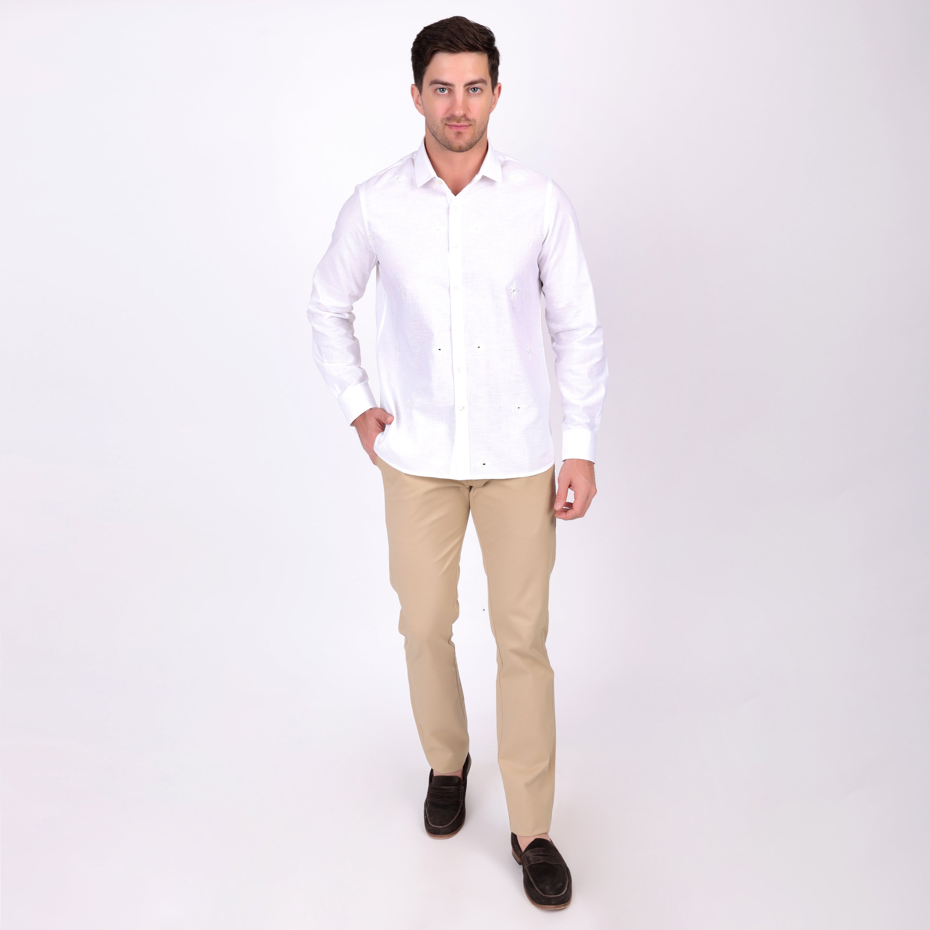 Pier Seven Ethnic Cotton Self Design Slim Fit Shirt for Men - White (PWY079) Pier Seven