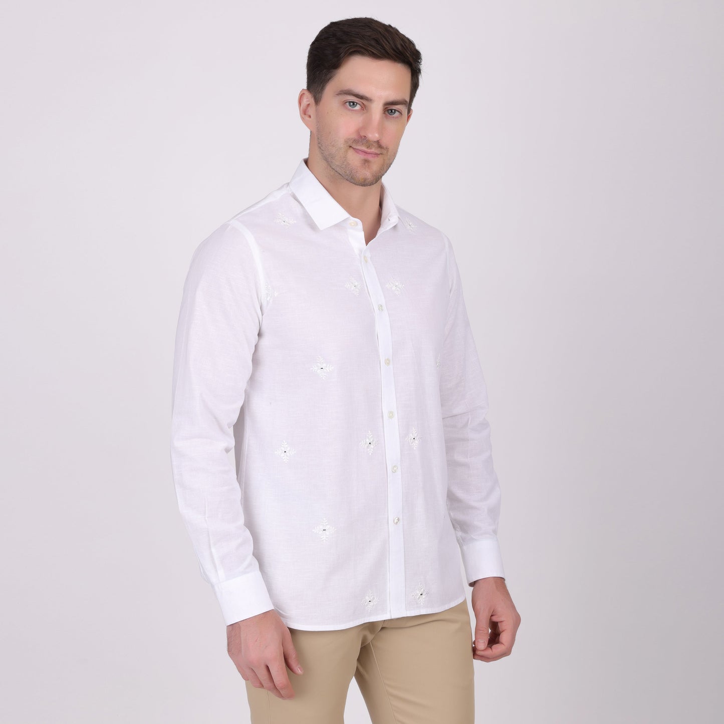 Pier Seven Ethnic Cotton Self Design Slim Fit Shirt for Men - White (PWY079) Pier Seven