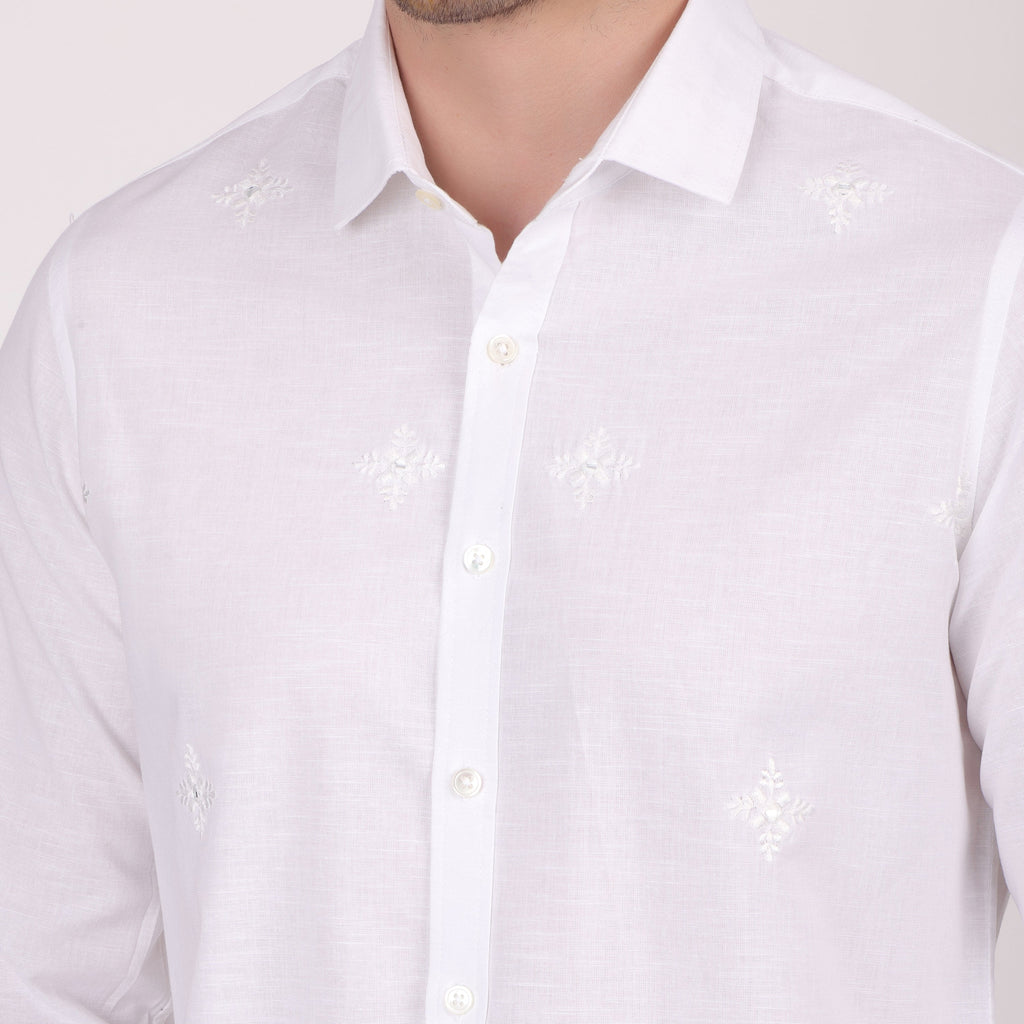 Pier Seven Ethnic Cotton Self Design Slim Fit Shirt for Men - White (PWY079) Pier Seven