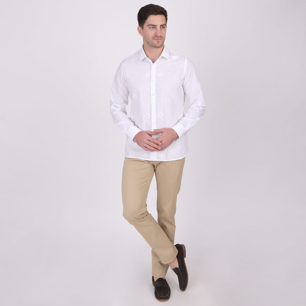 Pier Seven Ethnic Cotton Self Design Slim Fit Shirt for Men - White (PWY079) Pier Seven