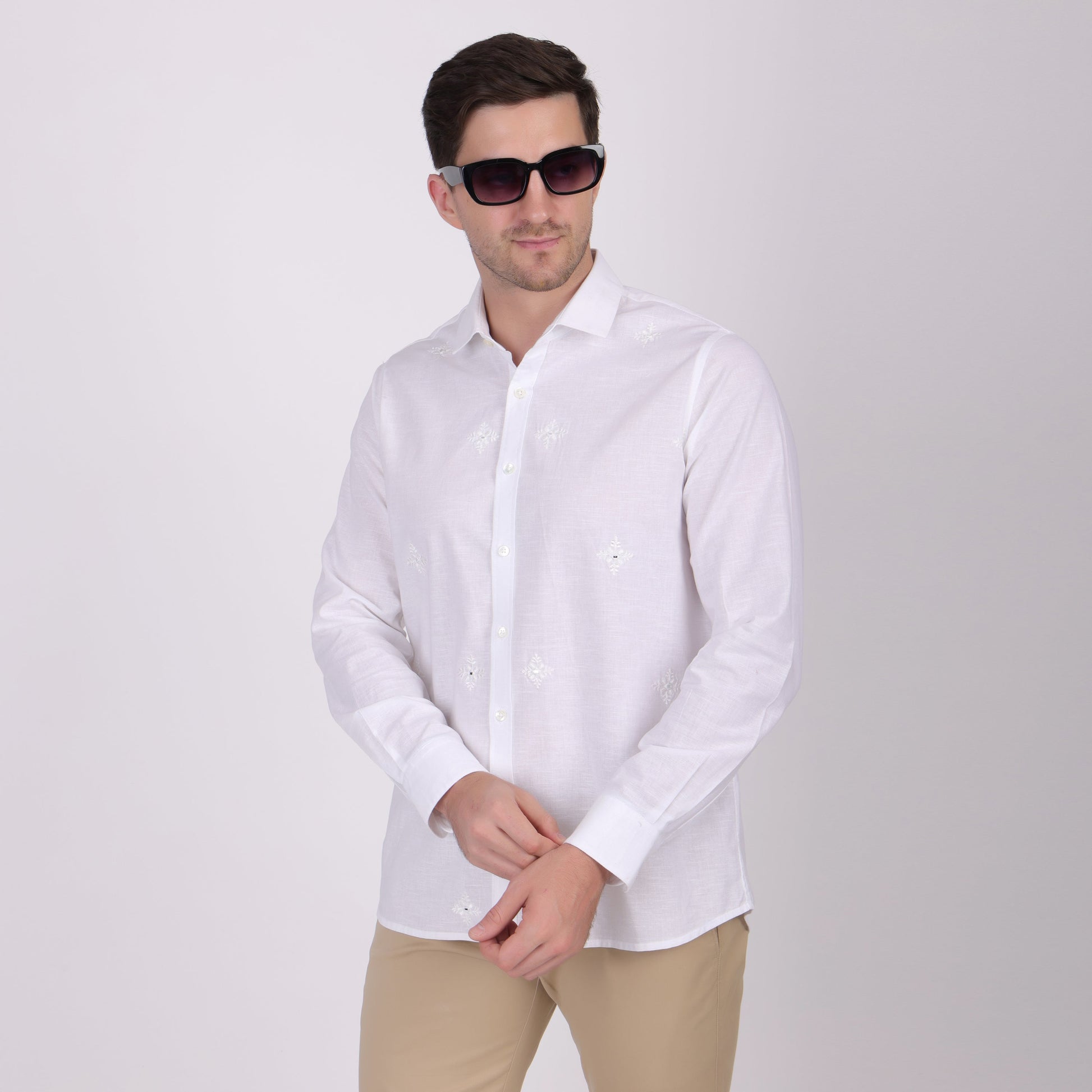 Pier Seven Ethnic Cotton Self Design Slim Fit Shirt for Men - White (PWY079) Pier Seven