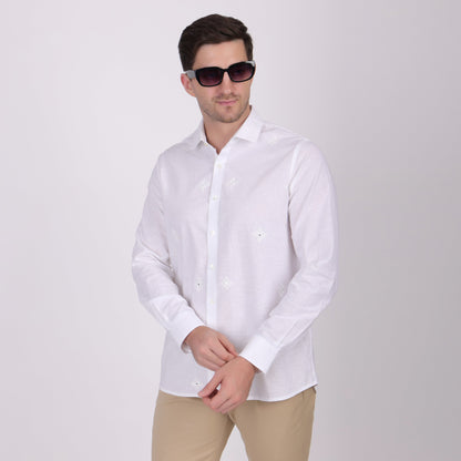 Pier Seven Ethnic Cotton Self Design Slim Fit Shirt for Men - White (PWY079) Pier Seven