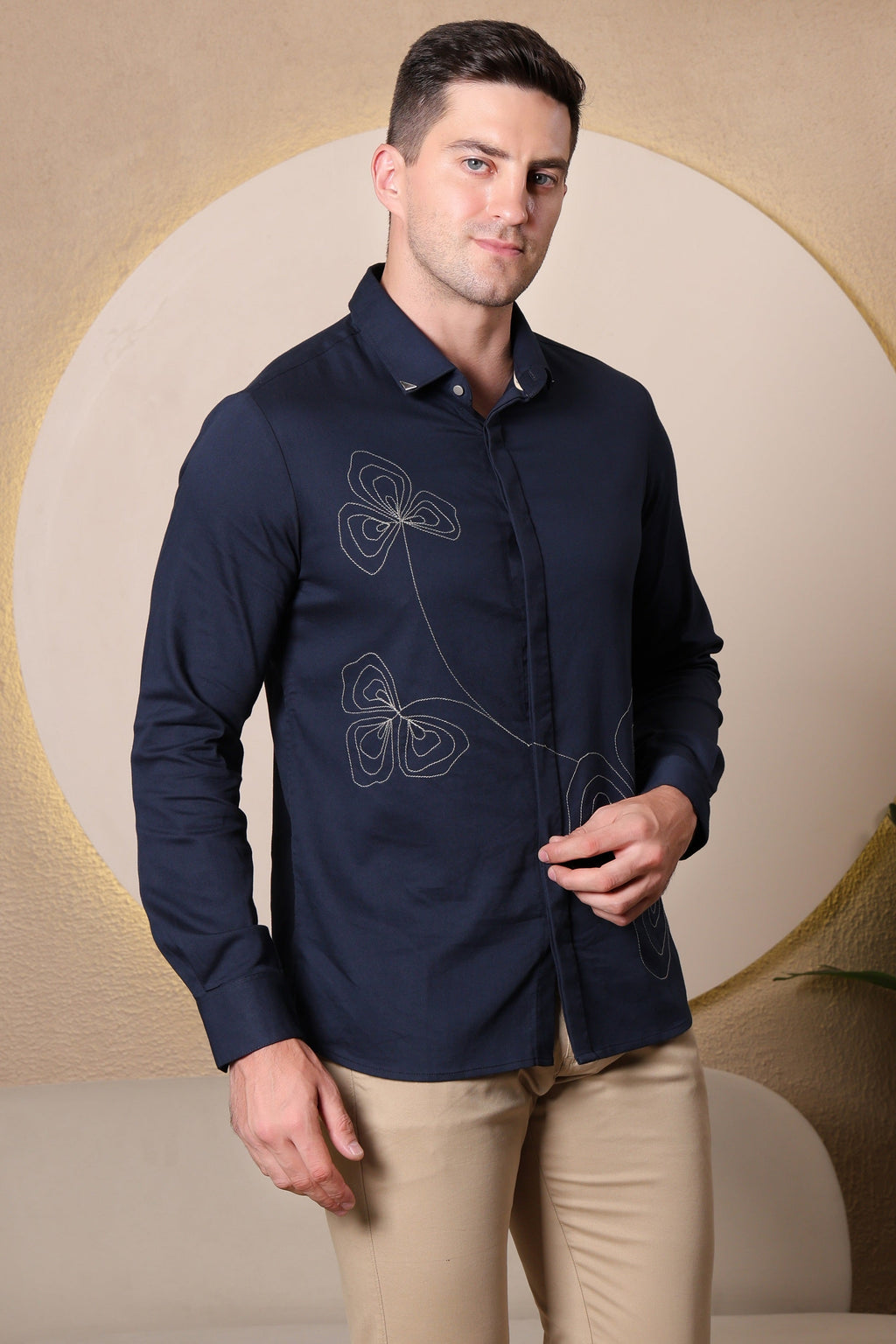 Pier Seven Men's Polycotton Embroidered Regular Fit Shirt - Navy Blue (PWY080) Pier Seven