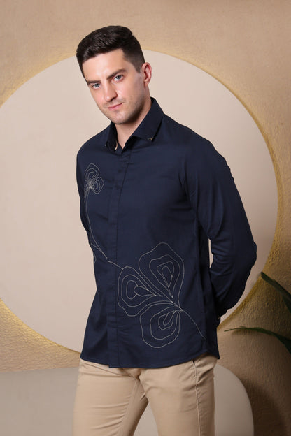 Pier Seven Men's Polycotton Embroidered Regular Fit Shirt - Navy Blue (PWY080) Pier Seven