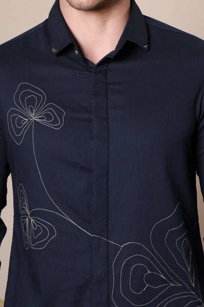 Pier Seven Men's Polycotton Embroidered Regular Fit Shirt - Navy Blue (PWY080) Pier Seven