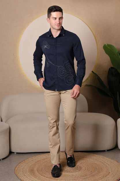 Pier Seven Men's Polycotton Embroidered Regular Fit Shirt - Navy Blue (PWY080) Pier Seven