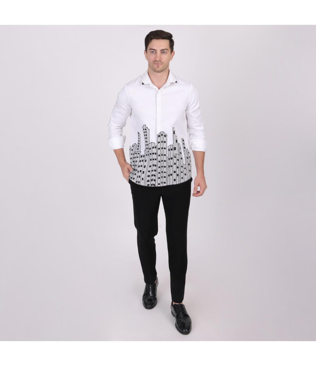 Premium White City Embroidery Shirt for Men | Slim Fit Designer Urban Party Wear Shirt (PWY081)