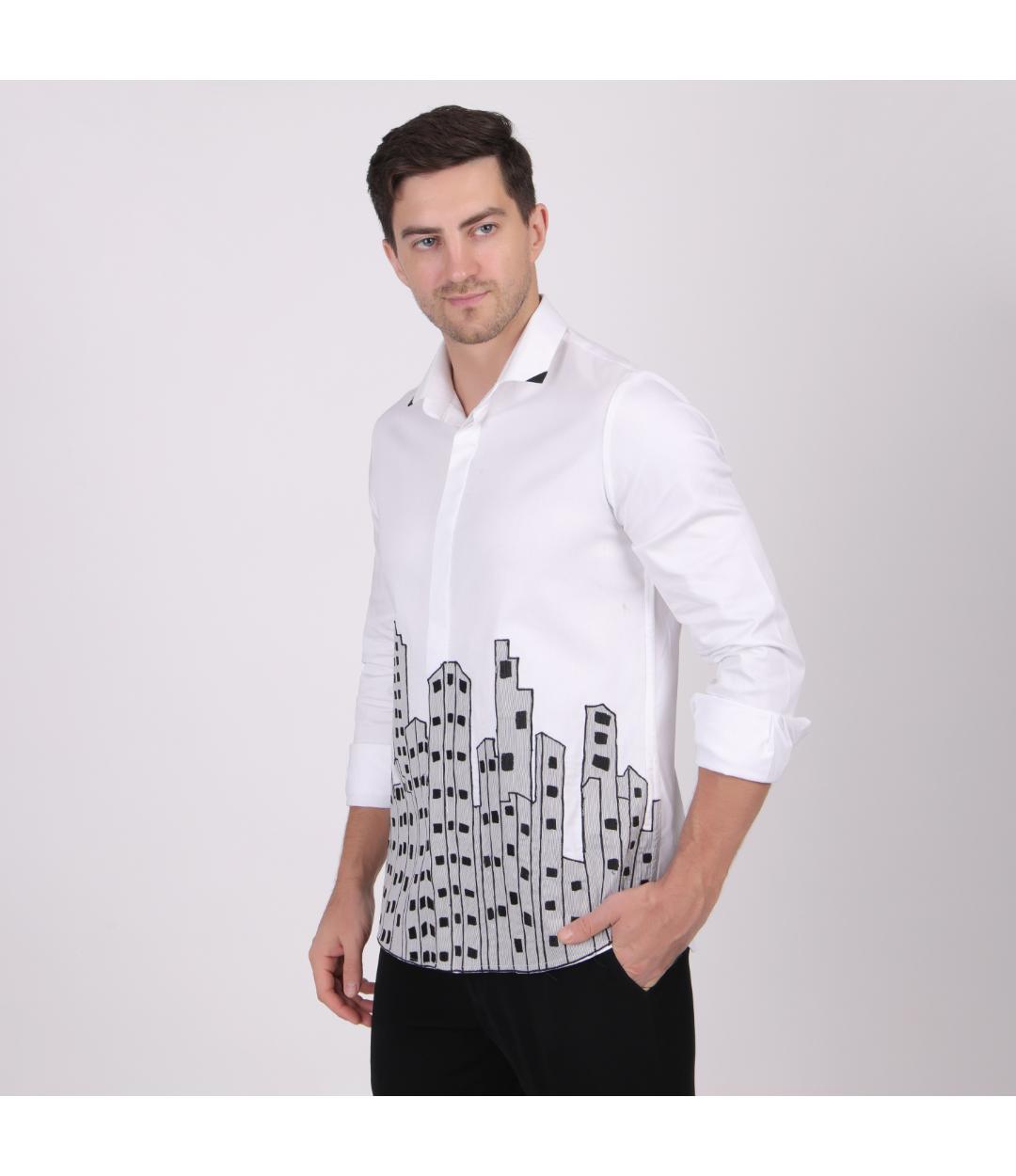 Premium White City Embroidery Shirt for Men | Slim Fit Designer Urban Party Wear Shirt (PWY081)