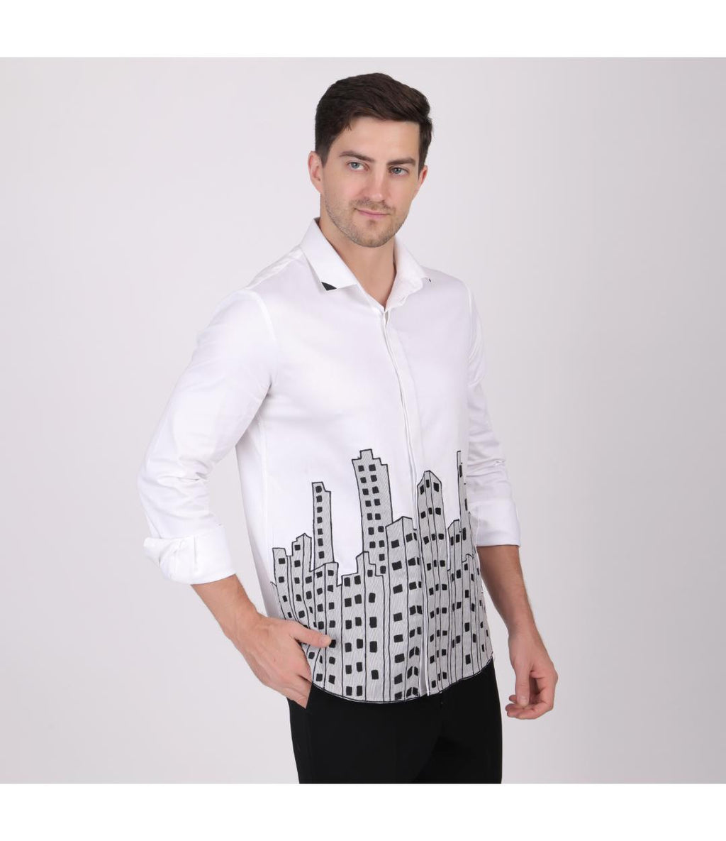 Premium White City Embroidery Shirt for Men | Slim Fit Designer Urban Party Wear Shirt (PWY081)