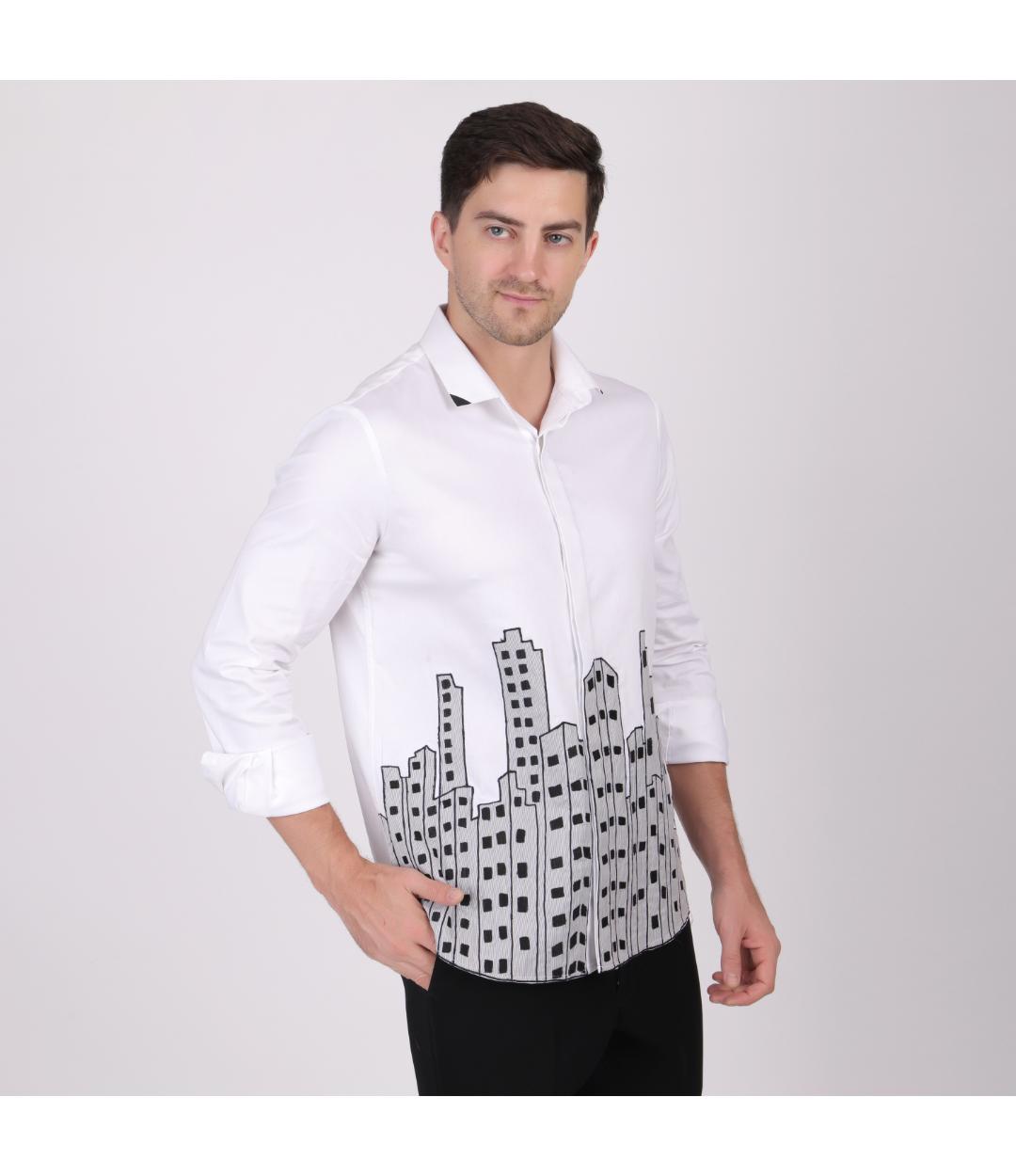 Premium White City Embroidery Shirt for Men | Slim Fit Designer Urban Party Wear Shirt (PWY081)