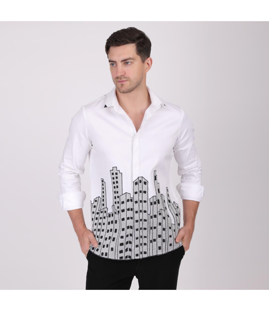 Premium White City Embroidery Shirt for Men | Slim Fit Designer Urban Party Wear Shirt (PWY081)