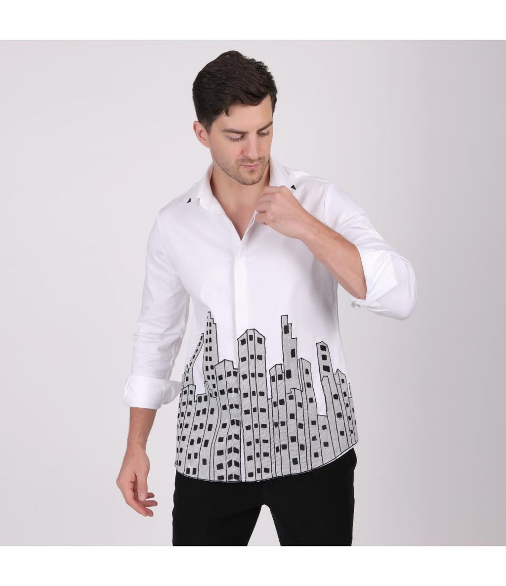 Premium White City Embroidery Shirt for Men | Slim Fit Designer Urban Party Wear Shirt (PWY081)