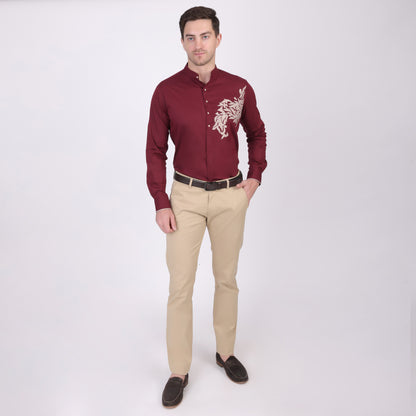 Pier Seven Ethnic Polycotton Embroidered Slim Fit Shirt for Men - Maroon (PWE006) Pier Seven