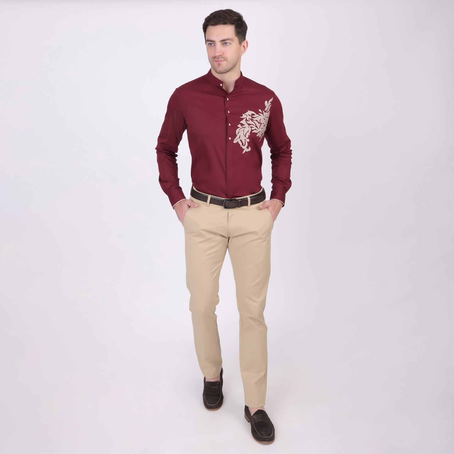 Pier Seven Ethnic Polycotton Embroidered Slim Fit Shirt for Men - Maroon (PWE006) Pier Seven