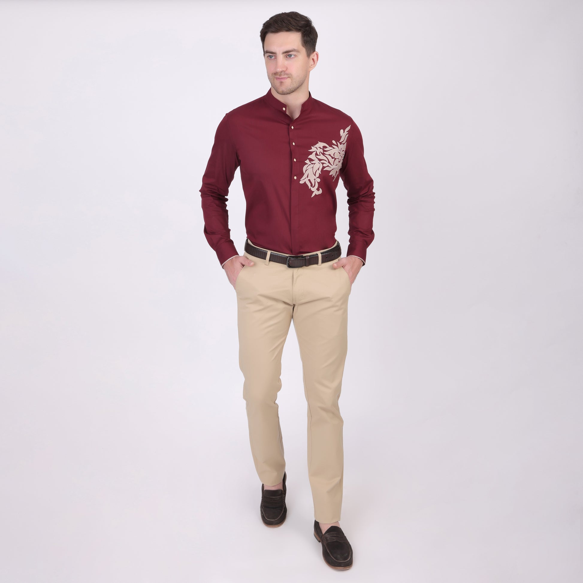 Pier Seven Ethnic Polycotton Embroidered Slim Fit Shirt for Men - Maroon (PWE006) Pier Seven