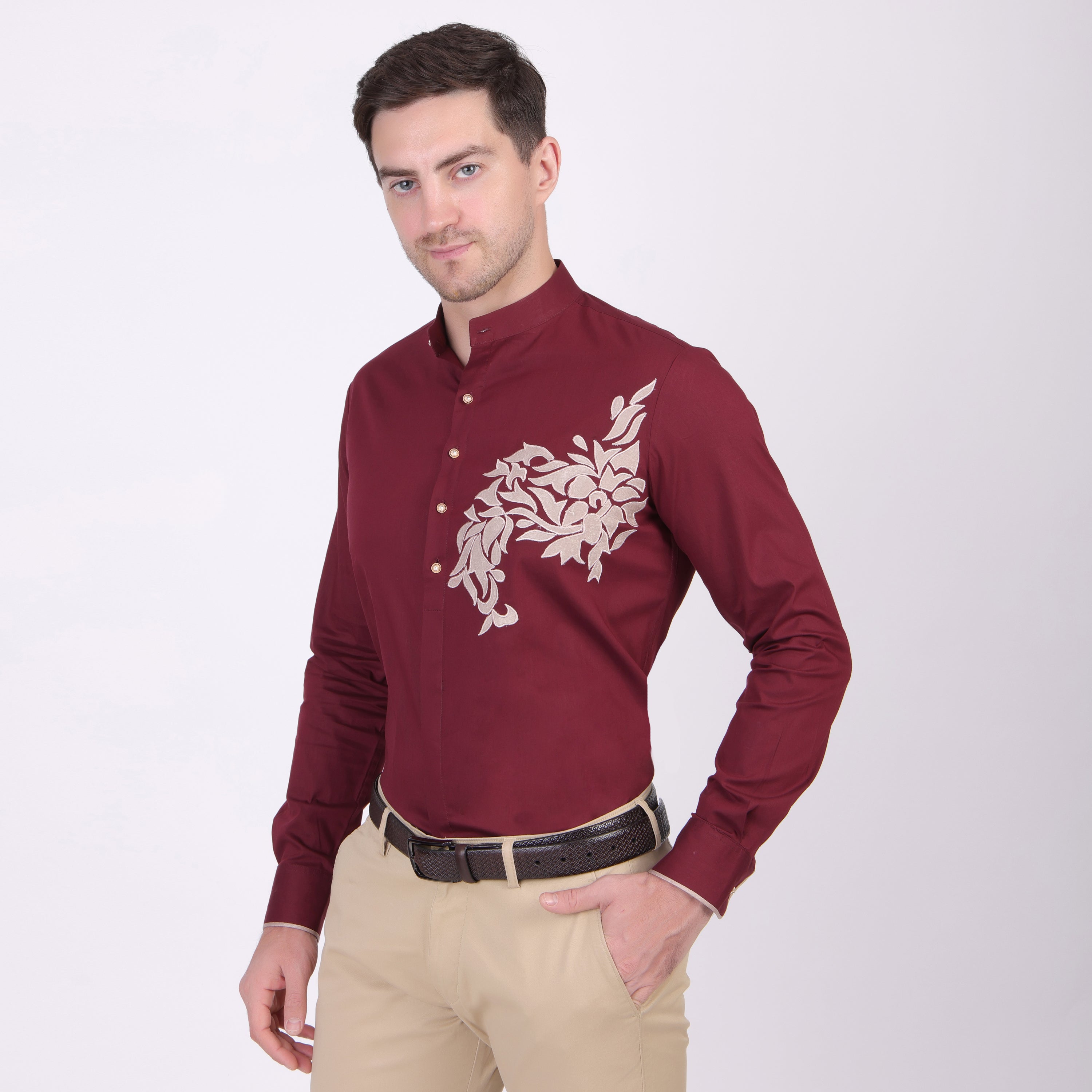 Pier Seven Ethnic Polycotton Embroidered Slim Fit Shirt for Men - Maroon (PWE006) Pier Seven