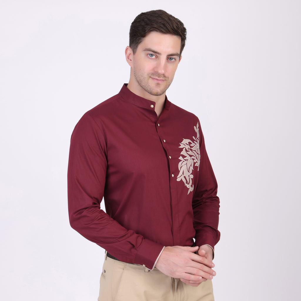 Pier Seven Ethnic Polycotton Embroidered Slim Fit Shirt for Men - Maroon (PWE006) Pier Seven