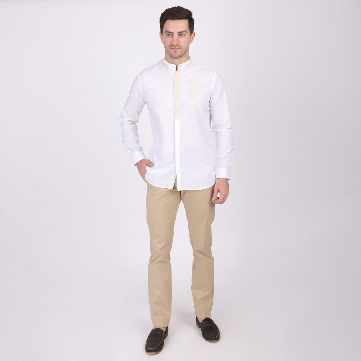 Pier Seven Ethnic Cotton Embroidered Men's Regular Fit Shirt - White (PWE007)