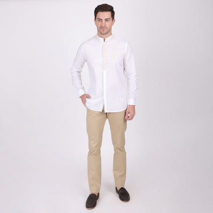 Pier Seven Ethnic Cotton Embroidered Men's Regular Fit Shirt - White (PWE007)