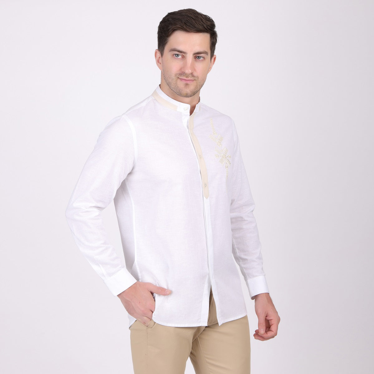 Pier Seven Ethnic Cotton Embroidered Men's Regular Fit Shirt - White (PWE007)