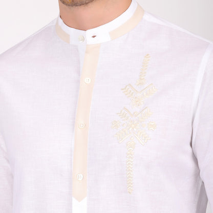 Pier Seven Ethnic Cotton Embroidered Men's Regular Fit Shirt - White (PWE007)