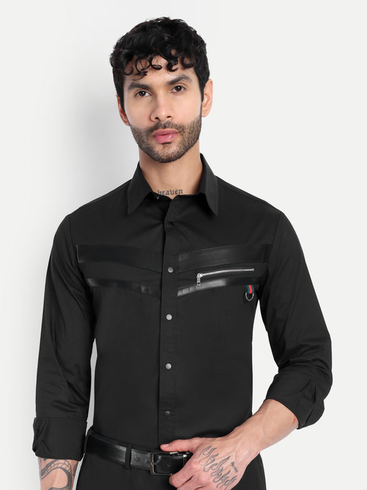 Black Panelled Shirt with Faux-Leather & Zipper Detail Cotton Blend Men's Slim Fit Full Sleeve Shirt - Black (PWC010)
