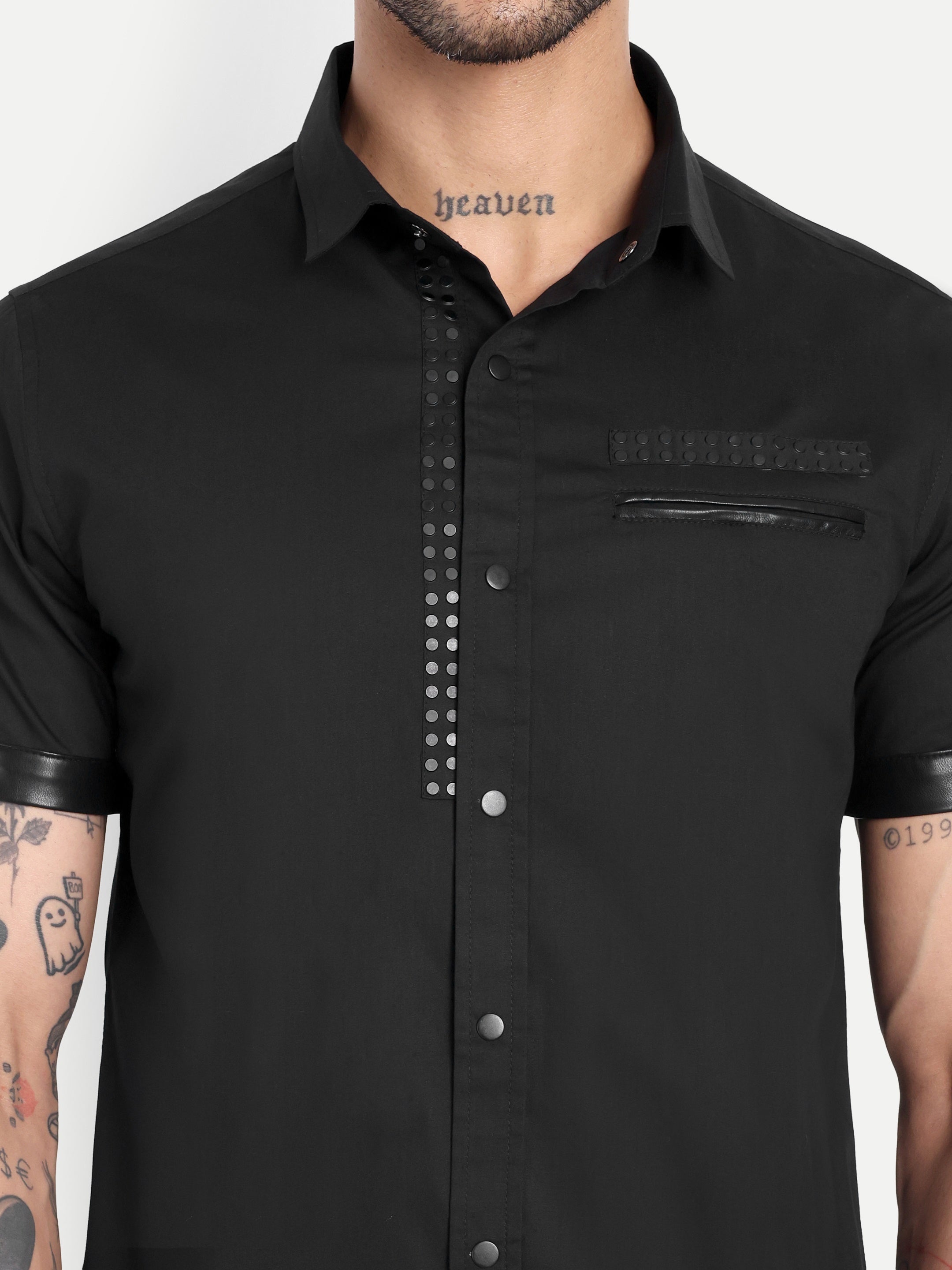 STUD FRONT CLUBWEAR BIKER SHIRT BLACK