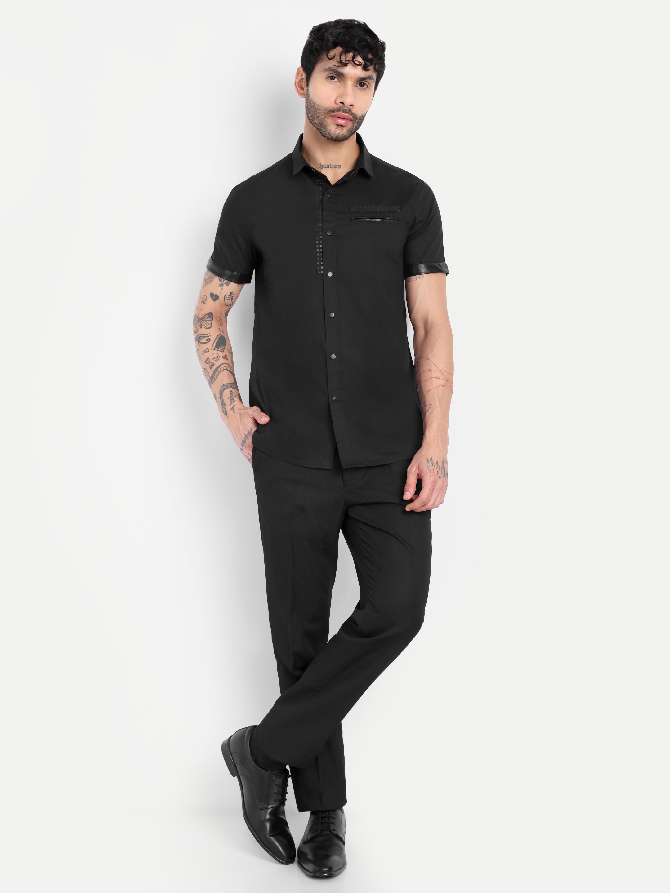 STUD FRONT CLUBWEAR BIKER SHIRT BLACK