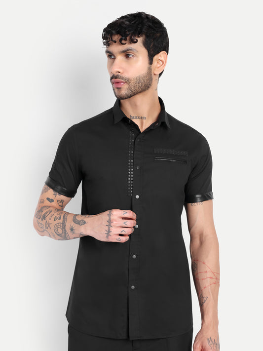 Black Slim Fit Short Sleeve Shirt with Studded Placket & Faux Leather Details - Black (PWC014)