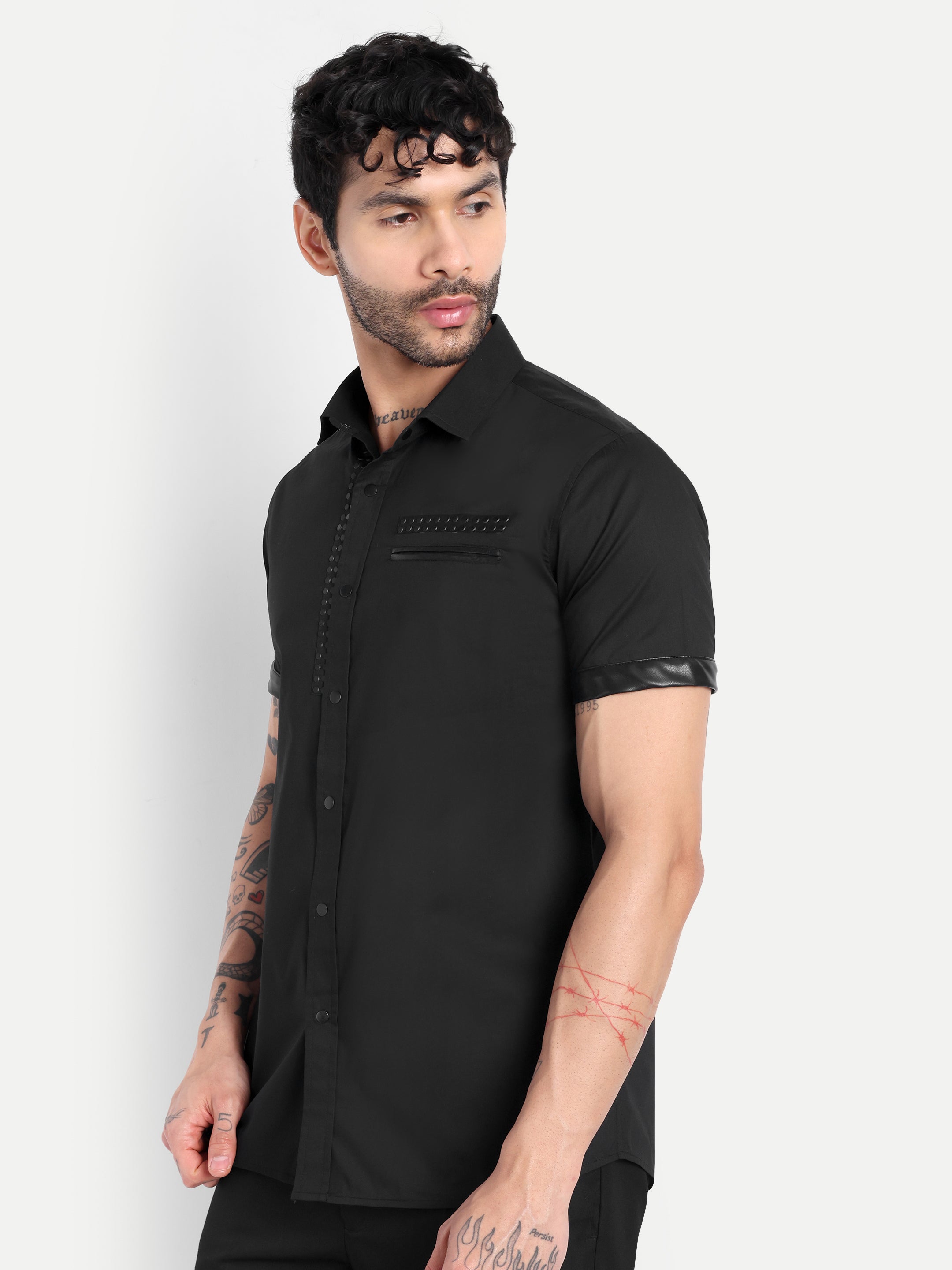 STUD FRONT CLUBWEAR BIKER SHIRT BLACK