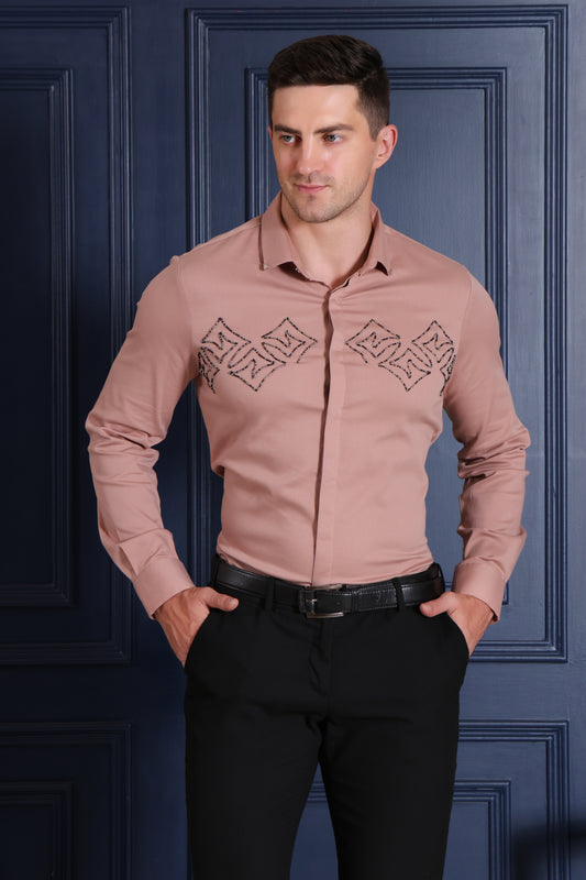 Embroidered Cotton Blend Men's Slim Fit Full Sleeve Shirt - Nude (PWY200)