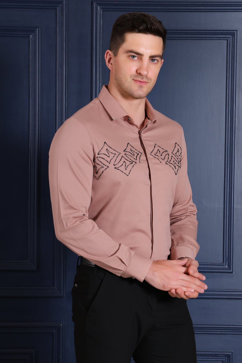 OLD ROSE HAND BEADWORK EMBROIDED PARTY SHIRT