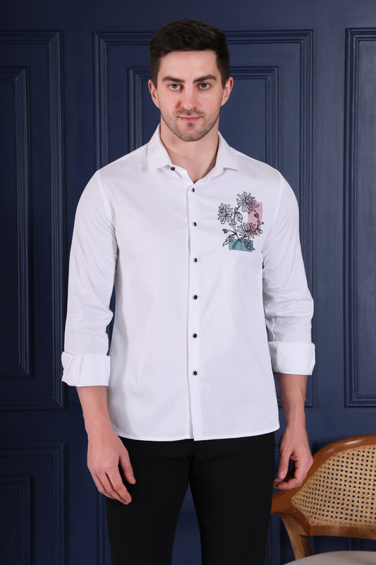 Men's Premium White Slim-Fit Cotton Blend Shirt with elegant Floral Chest Embroidery