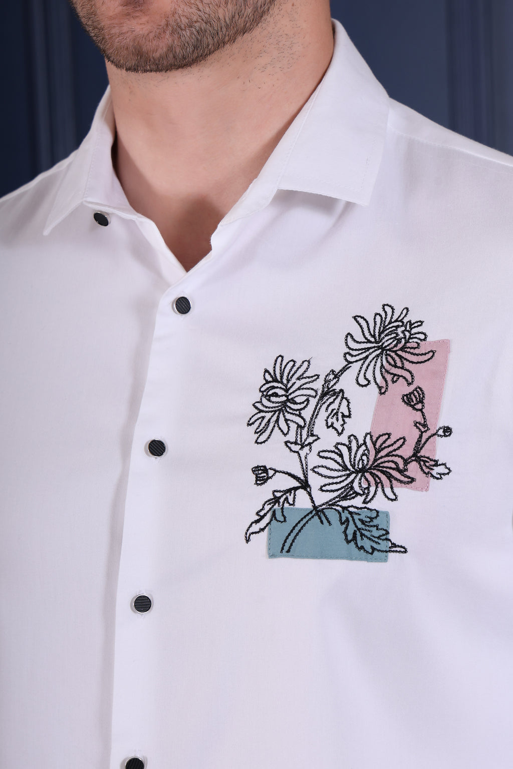 PASTEL BLOOM PATCH PARTY WEAR SHIRT EMBROIDED WHITE