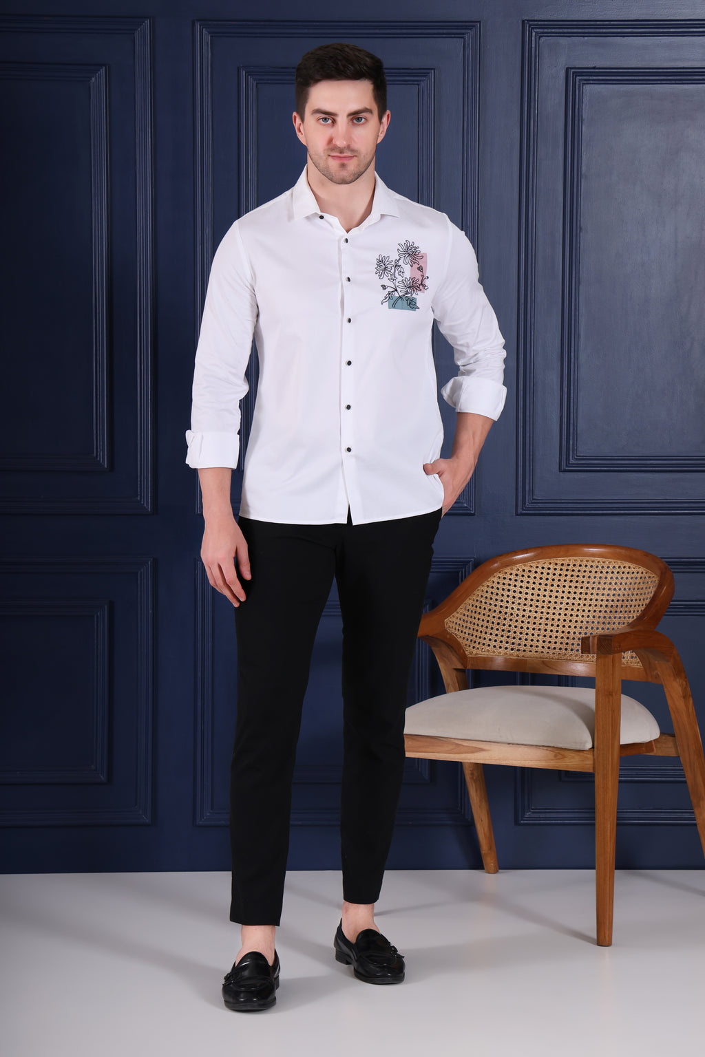 PASTEL BLOOM PATCH PARTY WEAR SHIRT EMBROIDED WHITE