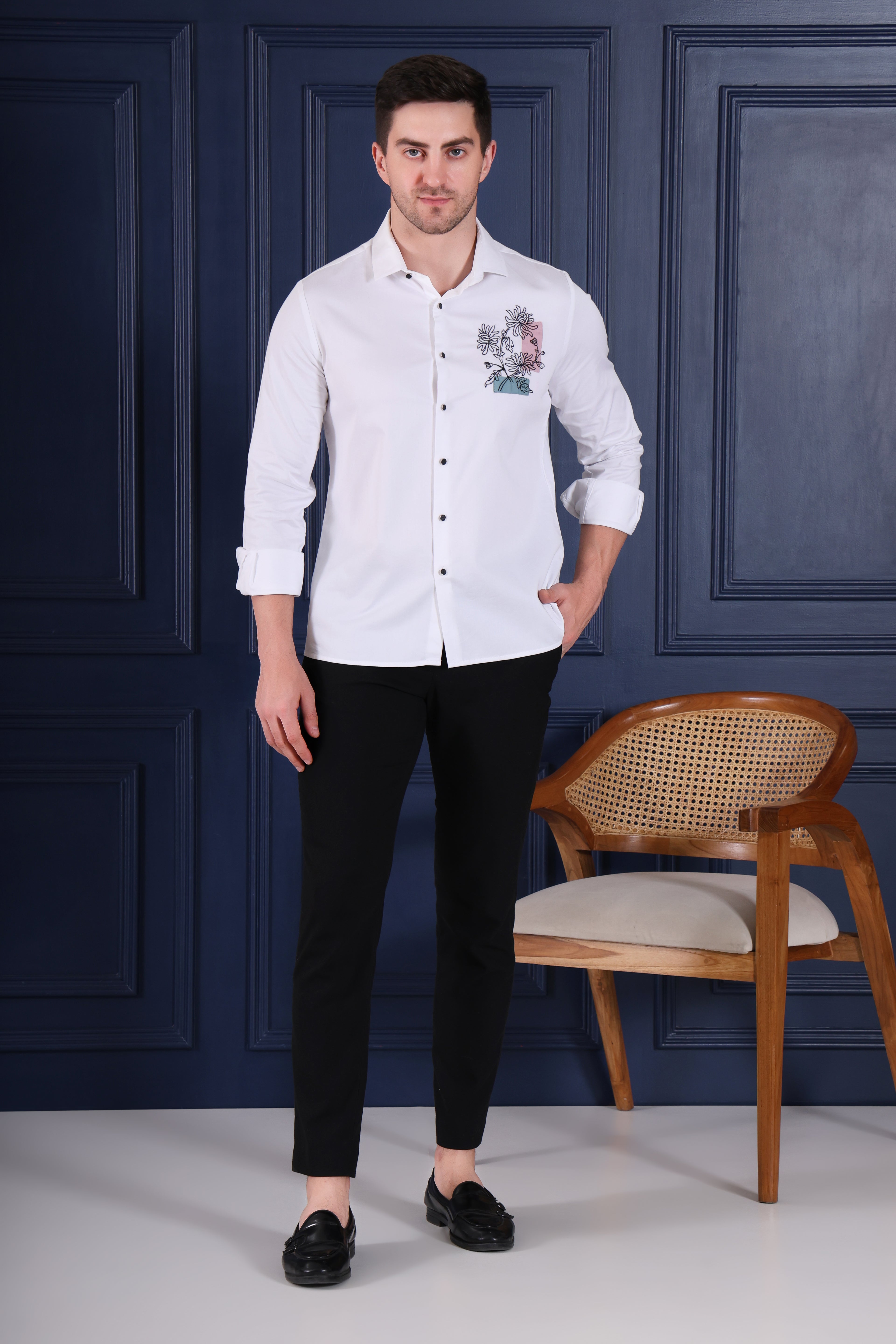 PASTEL BLOOM PATCH PARTY WEAR SHIRT EMBROIDED WHITE