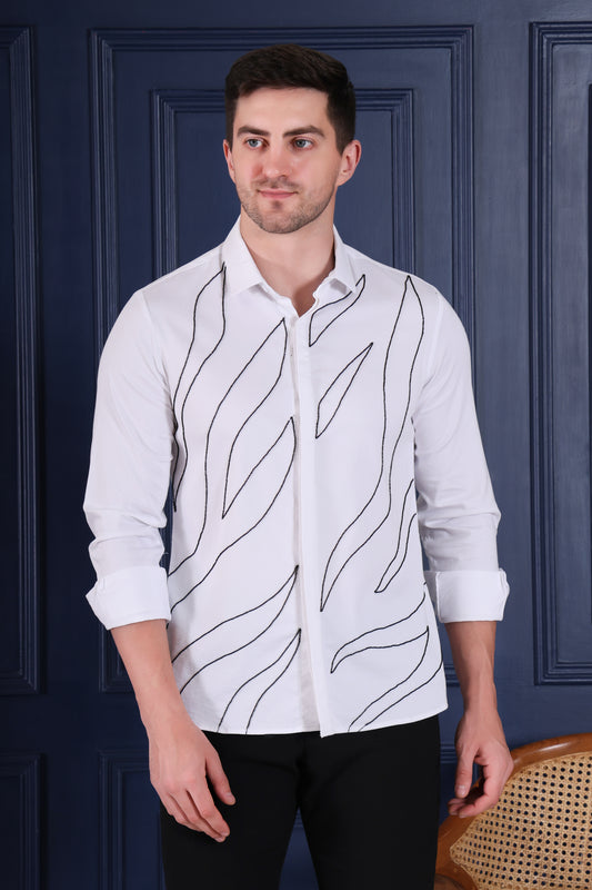 Men’s White Cotton Blend hand embroidered Slim Fit Shirt