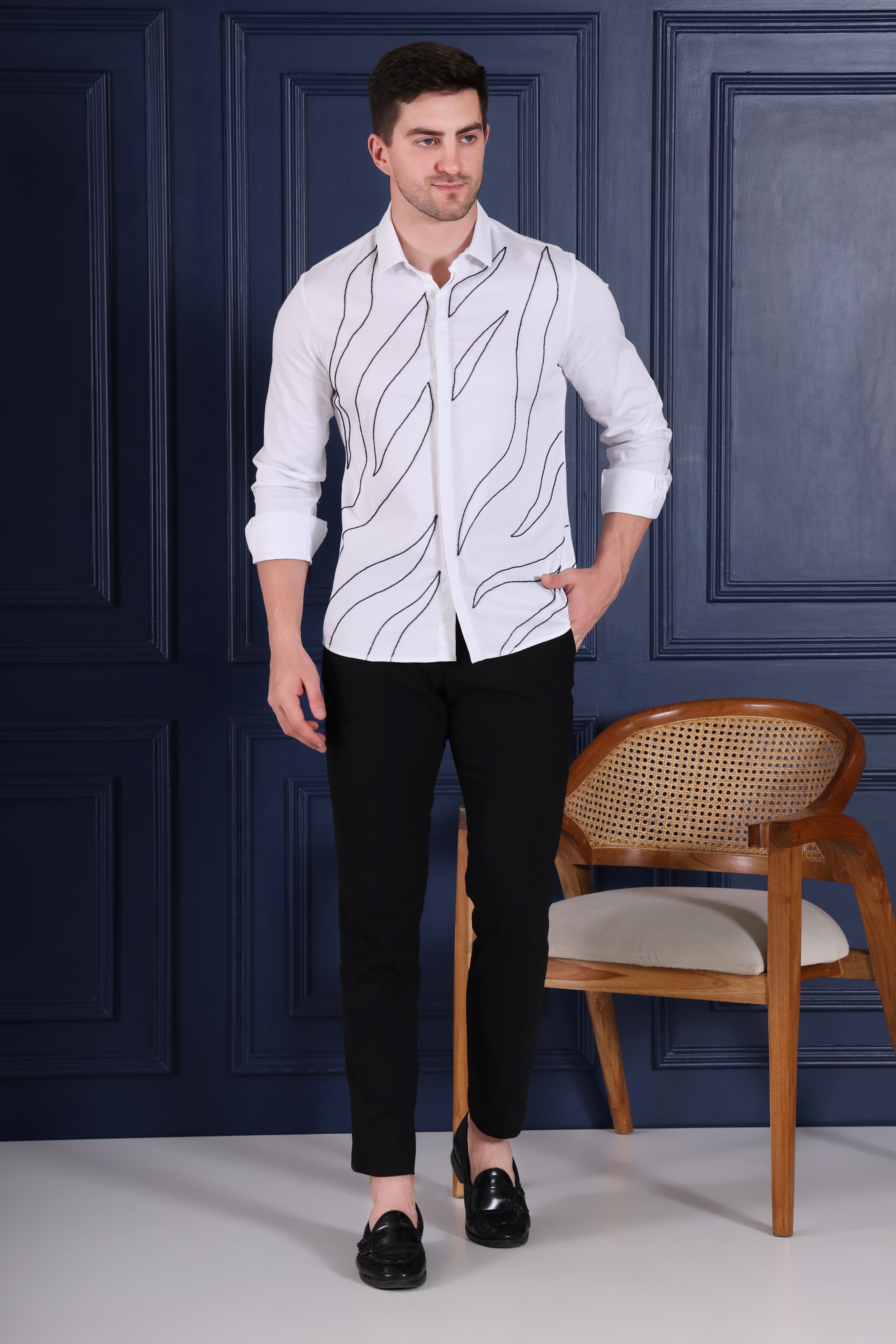 WHITE WAVE LINE HAND EMBROIDED BEADWORK PARTY SHIRT