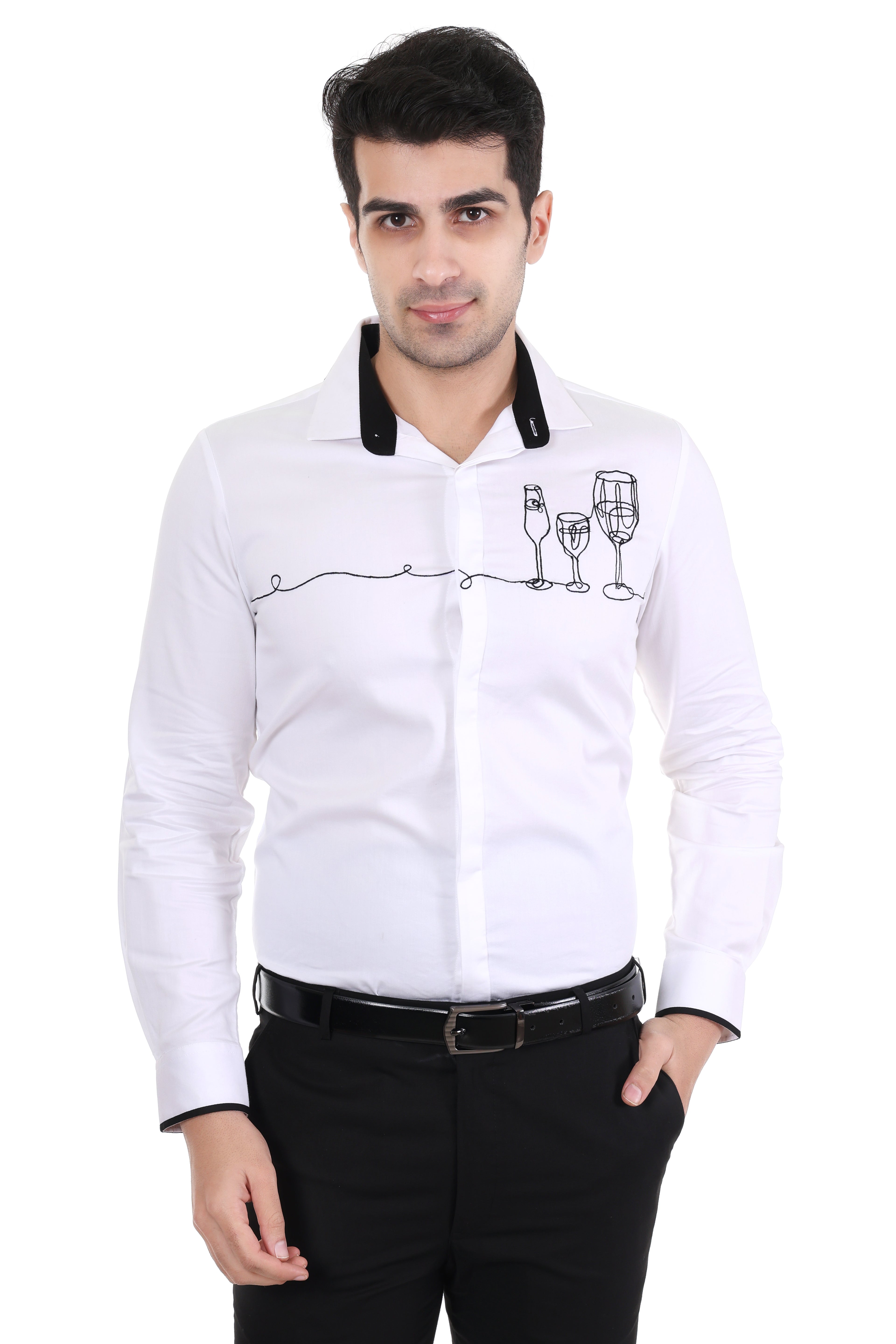 WHITE SATIN WINE GLASS EMBRIODE SHIRT (PWY216)