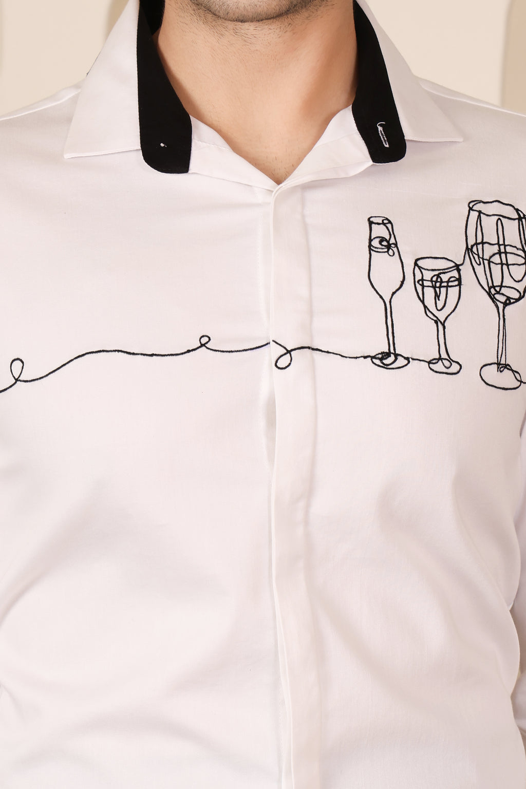 WHITE SATIN WINE GLASS EMBRIODE SHIRT (PWY216)