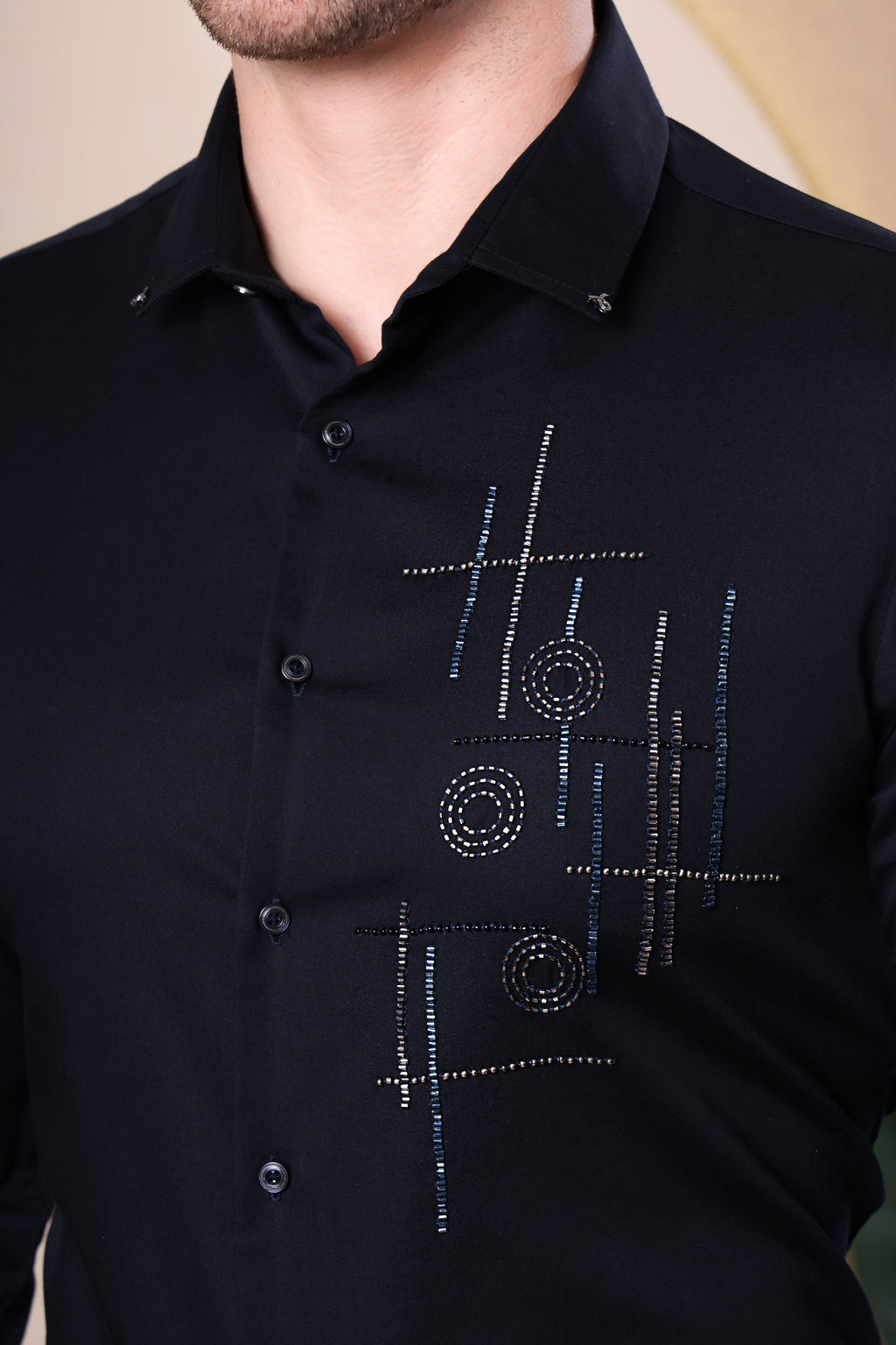 TIC TAC GLOW SHIRT HAND EMBROIDED BEAD WORK PARTY SHIRT NAVY