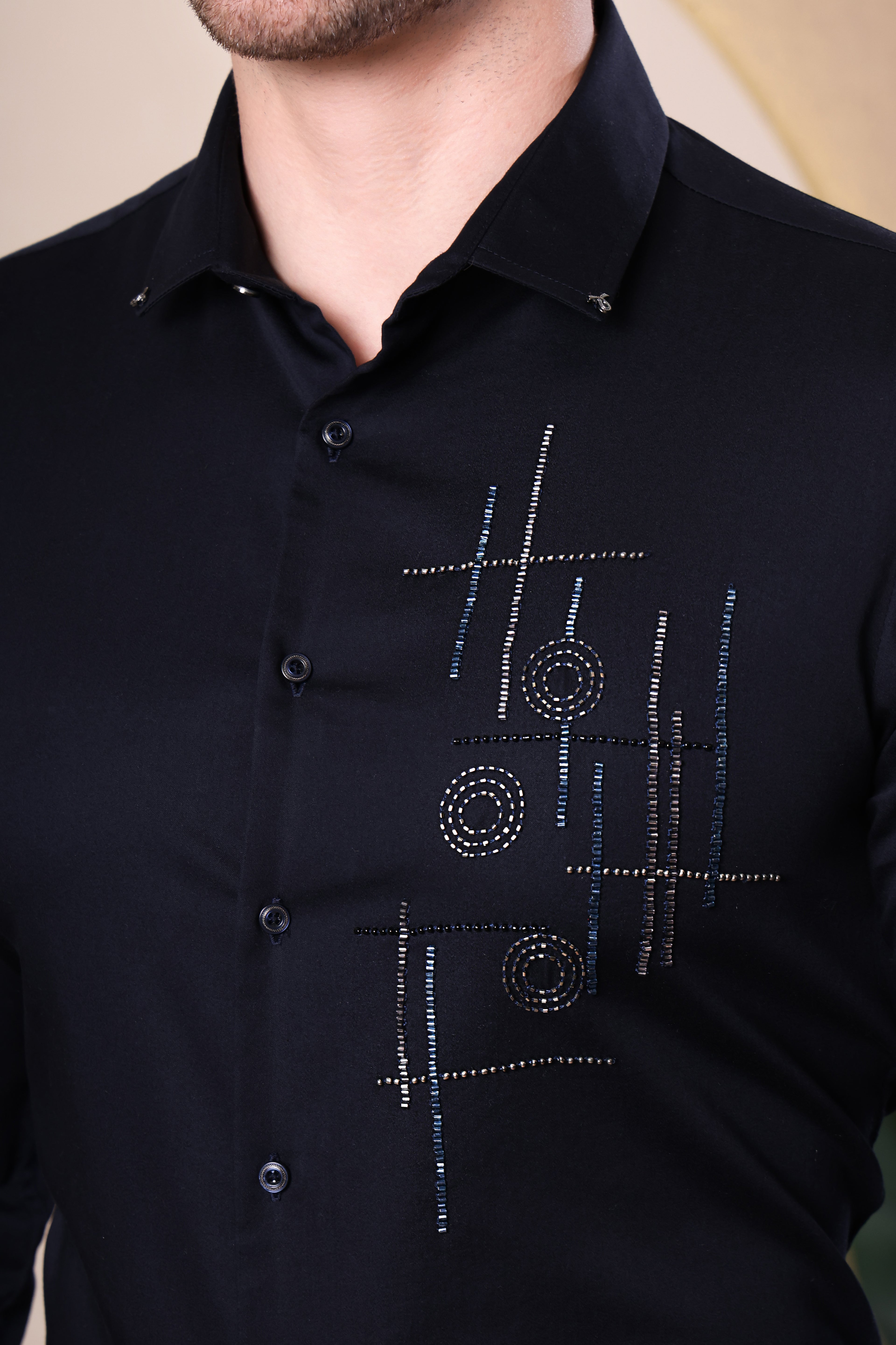TIC TAC GLOW SHIRT HAND EMBROIDED BEAD WORK PARTY SHIRT NAVY