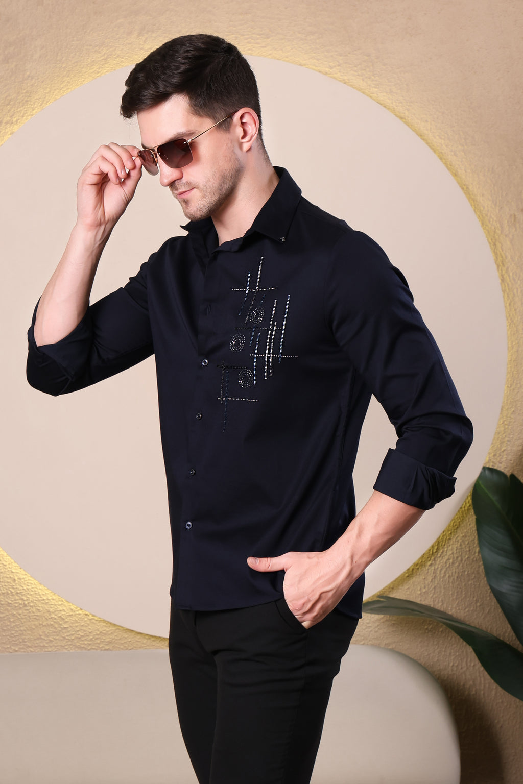 TIC TAC GLOW SHIRT HAND EMBROIDED BEAD WORK PARTY SHIRT NAVY