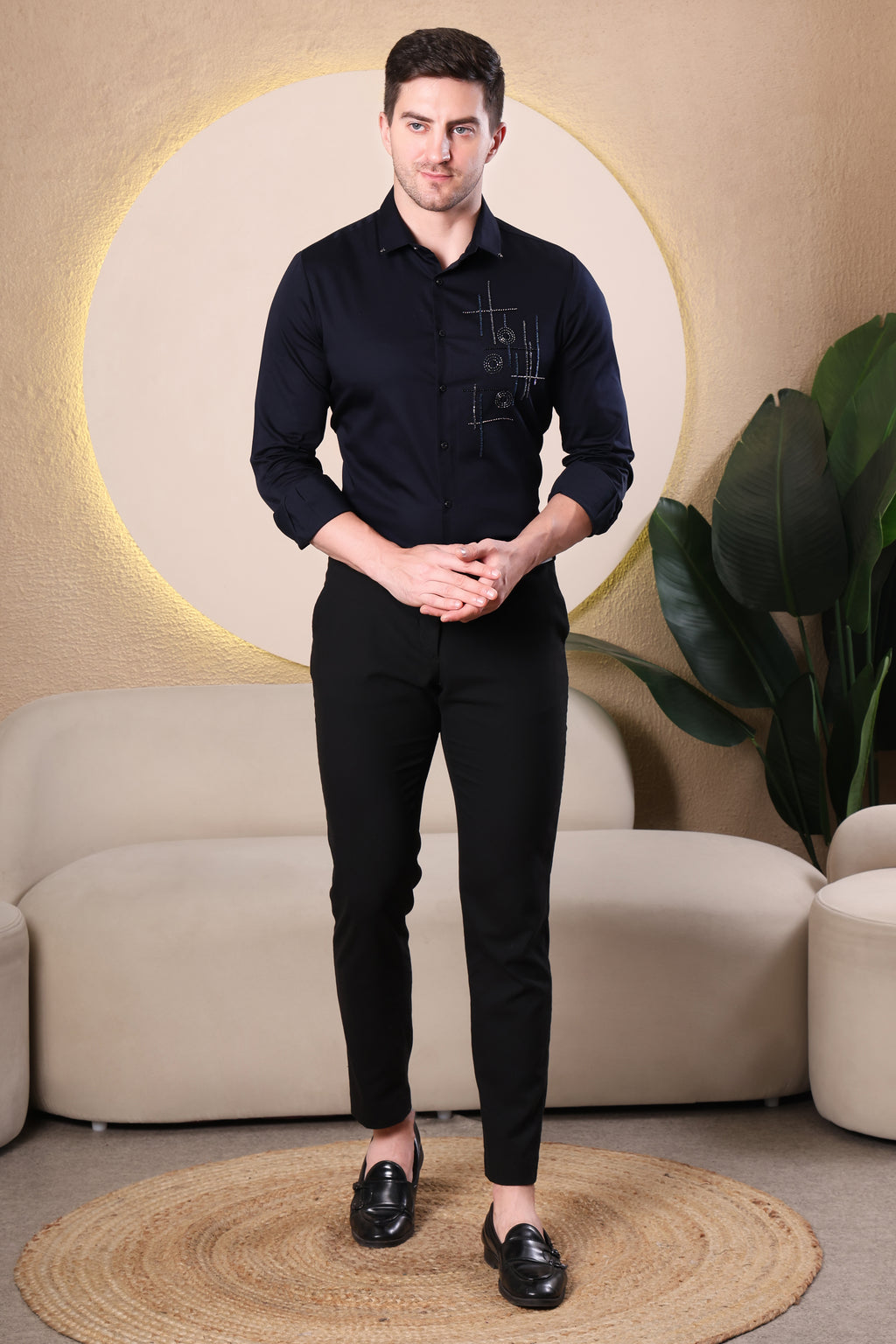 TIC TAC GLOW SHIRT HAND EMBROIDED BEAD WORK PARTY SHIRT NAVY